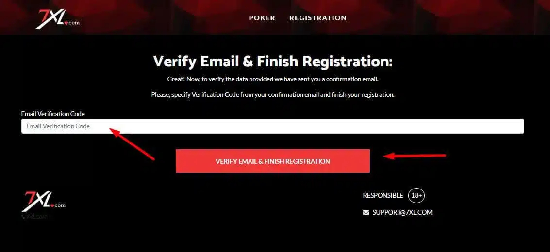Verify Email & Finish Registration for 7xl poker